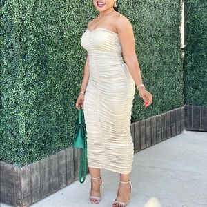 Champagne Shirring Bodycon Long Dress
